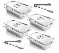 LOLYSIC 4 Pack 1/3 Gastronorm Pans with Lids, 65mm Deep Stainless Steel GN Food Pans for Bain Marie & Steam Tables, Catering Food Containers 32.5 x 17.5 x 6.5 cm with 2 Tongs