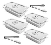 LOLYSIC 4 Pcs Gastronorm Pan 1/3, Stainless Steel Food Containers with Lids & 2 Kitchen Tongs, 65mm Deep GN Pans Bain Marie Pots, 32.5 x 17.5 x 6.5 CM