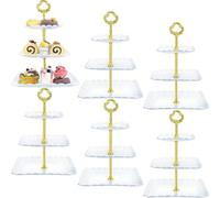 LOLYSIC 6 Pack 3 Tier Cake Stands, Plastic Afternoon Tea Stands, Square Cupcake Stand Fruit Dessert Cake Serving Tray Stand for Wedding Birthday Graduation Party, White