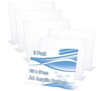 LOLYSIC 6 Pcs A4 Acrylic Sign Holder, Clear Landscape Perspex Display Stand, Horizontal Plastic Menu Holder A4 Leaflet Poster Sign Display Stand for Office Shop Restaurant, 297x210mm