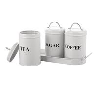 LOLYSIC Tea Coffee Sugar Canisters Set of 3-1L Airtight Metal Kitchen Canister Set with Tray - Metal Tea Sugar Coffee Jars - Round Kitchen Dry Food Storage Tins (White)