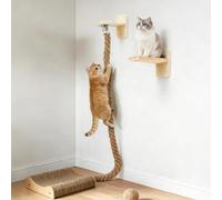 LOLYSIC Wall Mounted Cat Tree with 2 x 59.1 Inch Jute Climbing Ropes, Solid Wood Cat Climbing Tower with Scratching Post, Rope Ladder, Jumping Platforms & Wall Steps Cat Playground