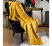LOMAO Flannel Blanket with Tassels Fringe, Lightweight Cozy Throw Blanket for Couch Sofa All Season(130x160cm) (Mustard Yellow)