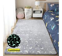 LOMDEM Plush Glow In The Dark Rug, Stars Moon Astronaut Pattern Area Rug Boys Girls Pink Blue Bedroom Glow In The Dark Bedside Rug Thick Mat Washable Carpet for Living Room Bedroom (Grey,120x160 cm)