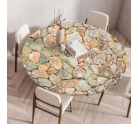 LOMDEM Round Tablecloth with Elastic Edge, Stretchy Polyester Fabric, Wood & Rattan Woven Print, Waterproof, Oilproof, Non-Slip Dining Table Cover for Kitchen, Restaurant, Outdoor Use, 100cm, Color 4