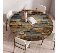 LOMDEM Round Tablecloth with Elastic Edge, Stretchy Polyester Fabric, Wood & Rattan Woven Print, Waterproof, Oilproof, Non-Slip Dining Table Cover for Kitchen, Restaurant, Outdoor Use, 100cm, Color 3