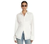 Lomehue Women Fitted Button Down Shirt Cinched Waist Tops Cotton Long Sleeve Wrap Blouse Stylish Dressy Casual Outfit 2025, White, M