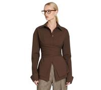 Lomehue Women Fitted Button Down Shirt Cinched Waist Tops Cotton Long Sleeve Wrap Blouse Stylish Dressy Casual Outfit 2025, Brown, M