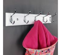 Lomejii 5 Silver Hooks Wall Coat Rack, White Wood, 44 cm, Modern Coat Rack for Entrance, Hallway, Bedroom