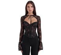 Lomeuuu Black Lace Skinny Top with Front Zip Closure, Long Flared Sleeves, Includes Fish Bones, Sizes S-L (Black,S)