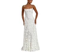 Lomeuuu Chiffon Halter Dress, Jacquard Backless Design, Thin Straps, Square Neck, Floor Length, Size S-L (White,S)