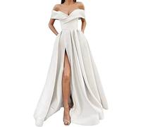 Lomeuuu Off-The-Shoulder Evening Gown with Side Slit, A-line Silhouette and Floor-Length Hem, Crafted from Satin Fabric (White,XL)