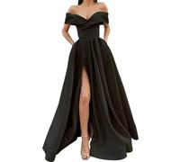 Lomeuuu Off-The-Shoulder Evening Gown with Side Slit, A-line Silhouette and Floor-Length Hem, Crafted from Satin Fabric (Black,XXL)