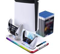 Lomffy PS5 Pro/PS5 Slim/P5 Cooling Station, Vertical Stand for P5 with 3-Level Cooling Fan and 8 RGB Light PlayStation 5 Stand with Controller Chargers 6 Game Slots 4 Ports,P5 Accessories