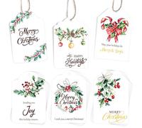 LOMIMOS 10 Sheets Gift Wrap Tags, 60Pcs 5x7.5 CM Christmas White Cardstock Gift Tags Christmas Holly Hanging Tags with String for Xmas Present Wrapping & Holiday Party Decoration