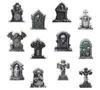LOMIMOS 12Pcs Halloween Miniature Tombstones Figurines, Mini Wooden Tombstone Decor Grave Ornaments Rip Headstones Props for Graveyard Haunted House Halloween Party Supplies