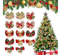 LOMIMOS Christmas Mini Bell Bow Decor Set - 14 Pcs Mini Christmas Bow with Bells Decorations Festive Ornaments for Xmas Tree & Wreaths Burlap Presents Wrapping Supplies DIY Crafts