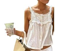 Lomnnes Women Summer Boho Lace Trim Tops Button Down Sleeveless Cardigan Crop Y2K Going Out Tops Cute Boho Cami Shirt (C-White, M)