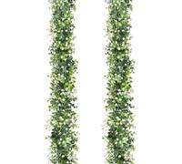 LOMOHOO 2PCS 12FT Artificial Eucalyptus Garland With White Flowers, Fake Leaves Green Garland Artificial Foliage Garland, Greenery Garlands for Home