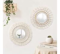 LOMOHOO 2pcs Hanging Wall Mirror with Macrame Fringe Set Round Boho Antique Weave Mirrors Art Decor for Apartment Living Room Bedroom Baby Nursery