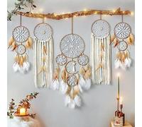 LOMOHOO Dream Catcher Set of 5 Moon and Sun Design Boho Macrame Woven Wall Hanging Room Decor, Handmade Feathers Dream Catchers for Boys Girls Bedroom Home Decoration, Brown