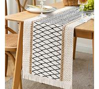 LOMOHOO Macrame Table Runner,Cream Beige Boho Table Runners with Tassels,Hand Woven Cotton and Burlap Splicing Table Runners,Rustic Farmhouse Table Runner for Bohemian,Kitchen Dining Table