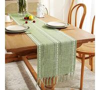 LOMOHOO Rustic Linen Table Runner with Handmade Tassel Embroidered Farmhouse Style Sage Green Table Runners 72 inches Long for Holiday Party Dining Table Wedding Decorations 183x33cm