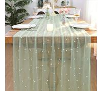 LOMOHOO Table Runner Sage Green 75x300cm Wedding Table Decoration with Pearl and Tulle, Cheesecloth Tablecloth Sheer Table Cloth Runner Pearl Gauze for Bridal Shower Birthday Party Dining Table