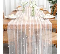 LOMOHOO Table Runner White 75x300cm Elegant Wedding Table Decoration with Pearl and Tulle, White Lace Tablecloth Sheer Table Cloth Runner Pearl Gauze for Bridal Shower Birthday Party Dining Table