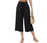 Lomon Linen Pants Women Wide Leg Capri Dress Pant Business Casual Work Baggy Flowy Elastic Waist Drawstring Pant Beach Vacation 2025 Summer Fashion Outfits Clothes Clothing Trendy Black Small