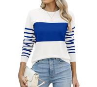 Lomon Women's Color Block Sweaters Long Sleeve Winter Tops Lightweight Crewneck Pullover Tops White Blue Stripes XL