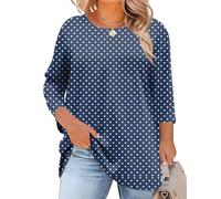 Lomon Womens Plus Size Tops 3/4 Length Sleeve Loose Fit Shirts Dressy Casual Blouses with Irregular Hem Navy Blue Polka Dot 3XL