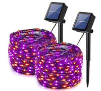 Lomotech 2 Pack Solar Lights, 33ft 100LED Orange Purple Twinkle Fairy Lights Waterproof 8 Modes Outdoor for Halloween Party DIY Decoration Black Wire