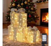 Lomotech Set of 3 Christmas Lighted Gift Boxes - Prel-Lit Gift Boxes with Timer, Lighted Christmas Presents for Xmas Tree, Yard, Holiday, Indoor Outdoor Christmas Decorations