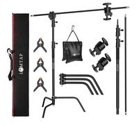 LOMTAP C Stand Light Stand Stainless Metal Photography Kit - Heavy Duty 6.8ft/210cm Vertical Pole, 2.8ft/87cm Boom Arm, Adjustable Base, Water Sandbag, 2 Grip Heads, 3 Clips for Softbox, Reflector