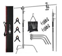 LOMTAP C Stand Light Stand Stainless Metal Photography Kit - Heavy Duty 6.8ft/210cm Vertical Pole, 2.8ft/87cm Boom Arm, Adjustable Base, Water Sandbag, 2 Grip Heads, 3 Clips for Softbox, Reflector