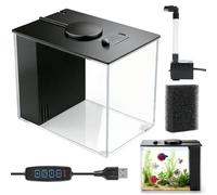 LOMUG 4.3 L Small Betta Aquarium Mini Aquarium Starter Set with Filter Pump, LED Lighting, Ideal for Small Fish, Shrimp, Plants, Aquascape DIY (20 x 15 x 15 cm, Black)