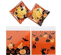 LOMYLM 100pcs Halloween Cellophane Bags Self Seal, Small Clear Cellophane Wrap Sweet Trick or Treat Bags Cookie Treats Party Favor Bag Goodie Gift Bags Halloween Party Supplies (10x10cm)