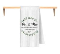 LOMYLM Wedding Tea Towel for Kitchen, Mr & Mrs White Hand Towel Olive Wreath Print Absorbent Microfiber Waffle Dish Cloth Newlywed Gift Guest Towels for Wedding Bridal Shower (16x24 inch)