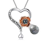 LONAGO 925 Sterling Silver I Love You Necklace 100 Languages Projection Rose Flower Pendant Necklace Jewelry for Women