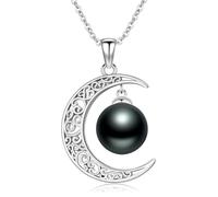 LONAGO Black Pearl Moon Celtic Design Pedant Necklace for Womens,Silver Forever Love 10mm Pearl 18"+2" inches Chain Neckalce for Mother's