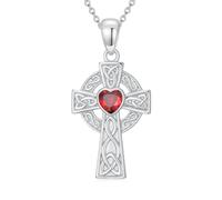LONAGO Celtic Cross Necklace for women Sterling Silver With Heart Created Garnet Jewelry Religious Gifts with1.2mm 18"+2" Adjustable Rolo Chain Mothers days