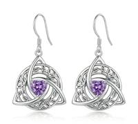 LONAGO Celtic Knot Earrings 925 Sterling Silver Vintage Irish Celtic Witch Knot with Purple Heart Dangle Earrings for Women