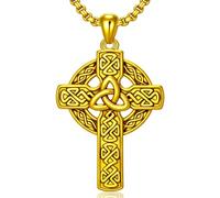 LONAGO Irish Sterling Silver Celtic Sterling 18K Gold Plated Cross Necklace Men Celtic Cross Necklace 22"+2" Mens Gold Celtic Cross Pendant