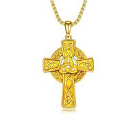 LONAGO Men's Sterling Silver Celtic Cross Necklace - Irish 18K Gold Plated Cross Pendant for Men & Women - Protection Jewelry