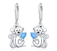 LONAGO Monkey Earrings for Women 925 Sterling Silver Cute Monkey Holding Blue Heart Drop Dangle Earrings