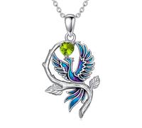 LONAGO Phoenix Necklace 925 Sterling Silver Blue Phoenix with Heart Birthstone Pendant Necklace for Women (August)