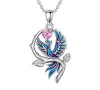 LONAGO Phoenix Necklace 925 Sterling Silver Blue Phoenix with Heart Birthstone Pendant Necklace for Women (October)