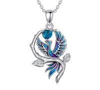 LONAGO Phoenix Necklace 925 Sterling Silver Blue Phoenix with Heart Birthstone Pendant Necklace for Women (December)