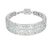 LONAGO S925 Silver Geometric Art Deco Opal and Diamond White Gold Bracelet for Women, Rectangular & Square Shape, Opal Inlay, Wedding Anniversary Cocktail Party Fine Jewelry